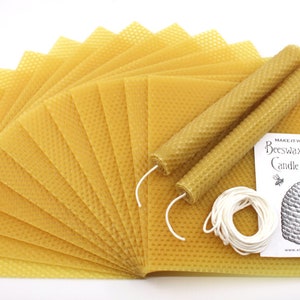 May include: A beeswax candle making kit with 15 sheets of honeycomb wax, two pre-made candles, a spool of wick, and instructions.  Make it yourself beeswax candle making kit.