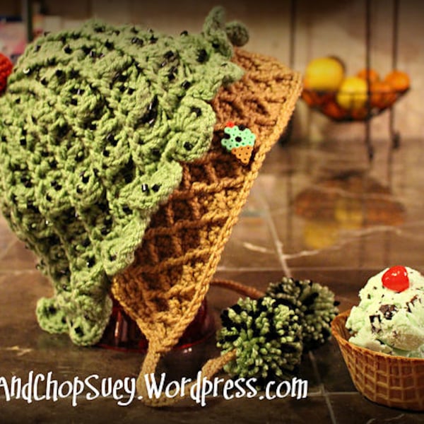 Mint Chocolate Chip Ice Cream Cone Slouchy Hat **DIGITAL CROCHET PATTERN**