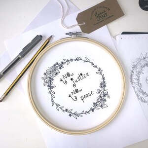 Know Justice Know peace, Anti-racist embroidery pattern and instructions, PDF download