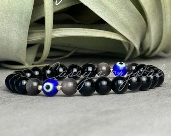 Evil eye protection bracelet, empath protection, black tourmaline + obsidian, Negative energy blocker, evil eye amulet