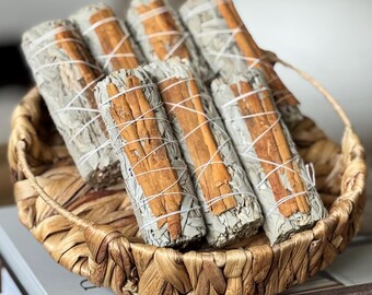 Sahumerio de salvia blanca y canela de 4", deseos de canela para el primer día del mes, prosperidad y abundancia, Limpieza ritual del hogar, protección