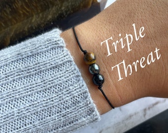 Pulsera de triple amenaza, pulsera de protección, turmalina, hematita, ojo de tigre, limpieza energética / limpieza del aura / protección del hogar / empatía
