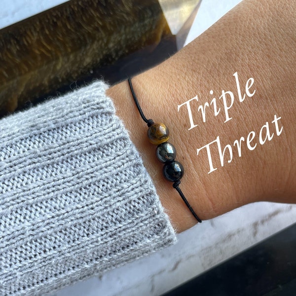 Triple threat bracelet, protection bracelet, tourmaline, hematite, tigers eye, energy cleansing | Aura cleanse | House protection | Empath