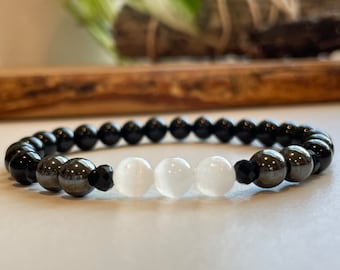 Protection bracelet, Negative energy cleansing bracelet, selenite and black tourmaline beaded bracelet, empath protection, gifts for her