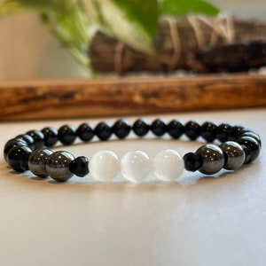 Protection bracelet, Negative energy cleansing bracelet, selenite and black tourmaline beaded bracelet, empath protection, gifts for her