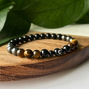Evil eye triple protection, black tourmaline bracelet, empath protection, evil eye jewelry, hematite, tigers eye, lucky crystal bracelet
