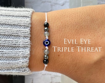 Blue Evil eye triple protection, bracelet tourmaline noire, protection empathe, bijoux mauvais œil, hématite, labradorite, protection énergétique