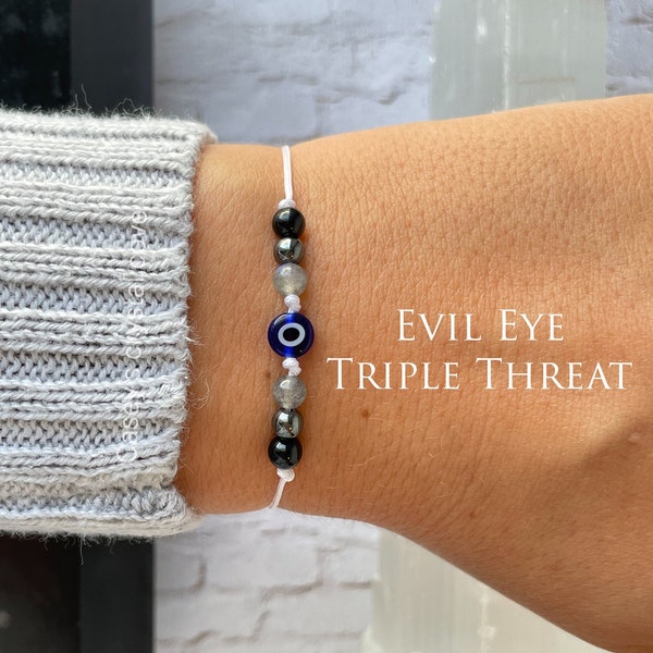 Blue Evil eye triple protection, bracelet tourmaline noire, protection empathe, bijoux mauvais œil, hématite, labradorite, protection énergétique