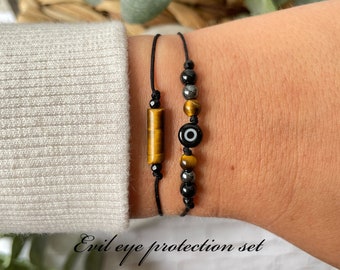 Evil eye triple protection set, nazar, black tourmaline bracelet, empath protection, evil eye jewelry, hematite, tigers eye,