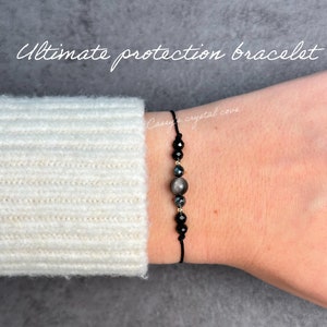 Pulsera de triple protección, protección empática, turmalina negra y obsidiana, regalos para él, regalos para ella, bloqueador de energía negativa, limpieza