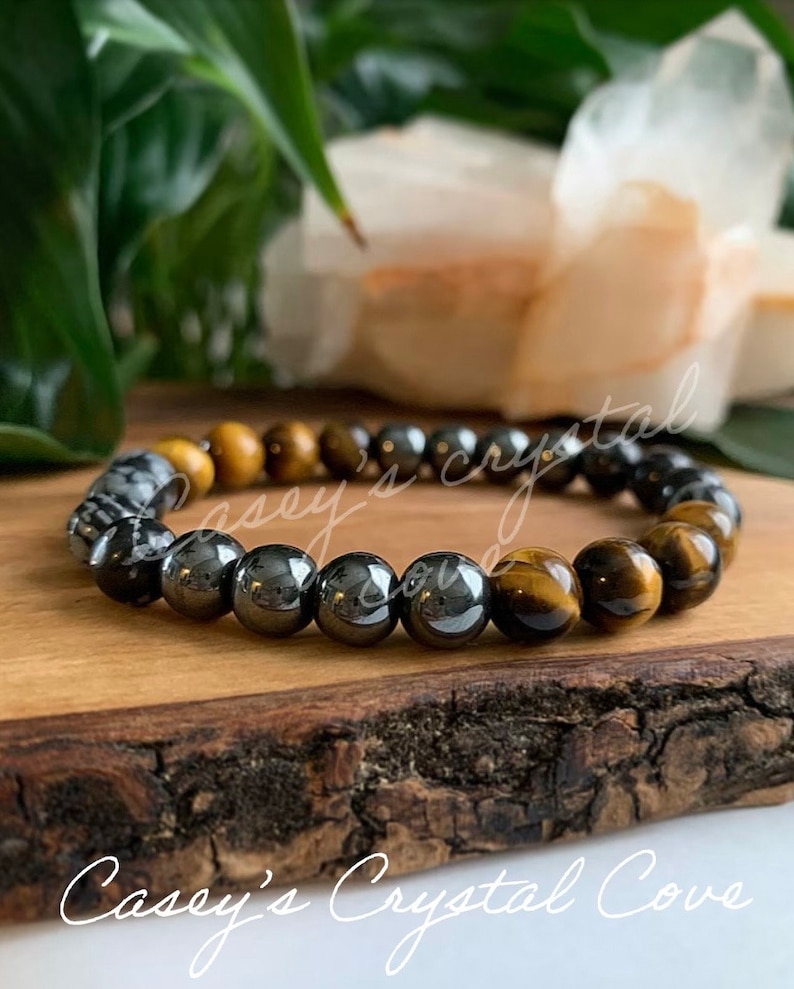 Triple threat protection bracelet, mens anxiety and stress relief, empath protection, handmade healing jewelry, snowflake obsidian, image 1