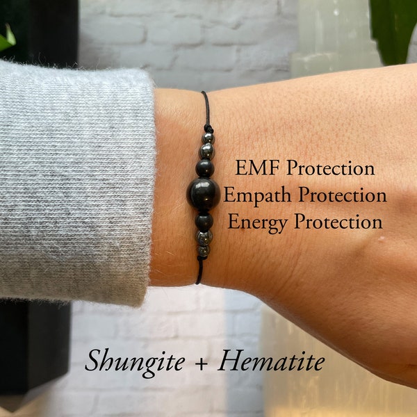 Shungite EMF 5G protection bracelet empath protection energy cleanse hematite  minimalist jewelry