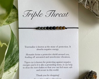 Triple threat bracelet, protection bracelet, tourmaline, hematite, tigers eye, energy cleansing