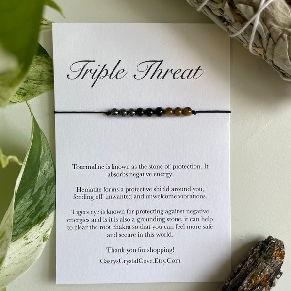 Triple threat bracelet, protection bracelet, tourmaline, hematite, tigers eye, energy cleansing