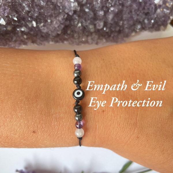 Evil eye empath protection minimalist bracelet, tourmaline protective jewelry, energy shield triple threat, emf gifts for her, new home,