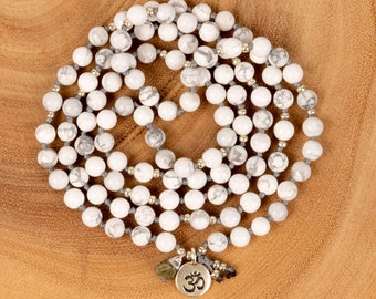 Howlite Mala Bracelet, Labradorite Charm, Meditation Prayer Beads
