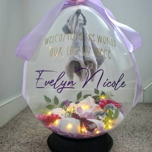 May include: A clear balloon filled with a variety of baby items, including a stuffed animal, a blanket, and flowers. The balloon is decorated with a purple ribbon and the text "Welcome to the world our lovely niece Evelyn Nicole".