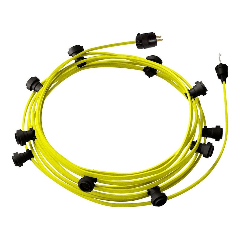 Ready-to-use 40ft String Light with Rayon Fabric Cable Yellow Fluo CF10 Kit with 10 Sockets Hook and Plug