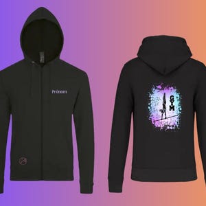 May include: Black zippered hoodie with a white "Prénom" text on the front and a colorful graphic of a gymnast on a bar with the word "GYM" on the back.