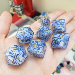Porcelain Blue (One Of A Kind, Handpainted) Dice Set For Dungeons And Dragons Tabletop RPG Games