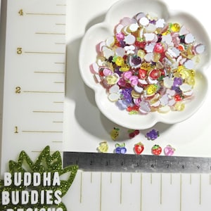 May include: A collection of colorful fruit-shaped embellishments, including strawberries, grapes, and bananas, are displayed in a white, flower-shaped dish. A ruler with centimeter markings is visible, along with the text "BUDDHA BUDDIES DESIGNS."