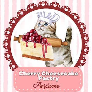 May include: A watercolor illustration of a cat wearing a chef's hat holding a slice of cherry cheesecake with a rolling pin. The text reads "Cherry Cheesecake Pastry Perfume".