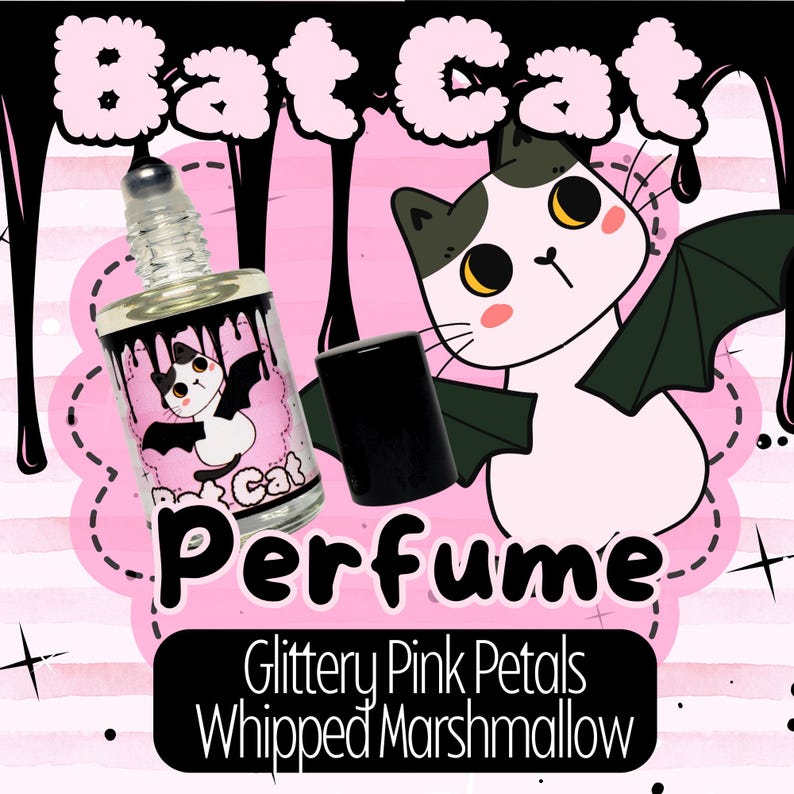 May include: A pink and black perfume bottle with a cartoon bat cat design. The bottle is labeled "Bat Cat Perfume" and has the text "Glittery Pink Petals Whipped Marshmallow" on the bottom.