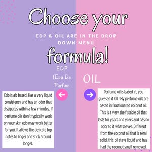 May include: A pink and purple graphic with the text "Choose your formula!" and explains the difference between Eau de Parfum (EDP) and perfume oil. The graphic includes arrows pointing to the left and right, indicating the direction to choose.