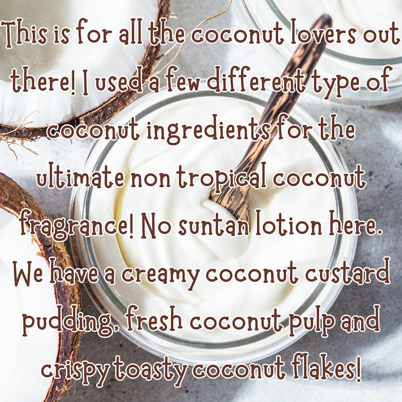 May include: A close-up of a clear glass bowl filled with a creamy white coconut custard pudding. The bowl is on a light gray surface with a wooden spoon and pieces of coconut shell.