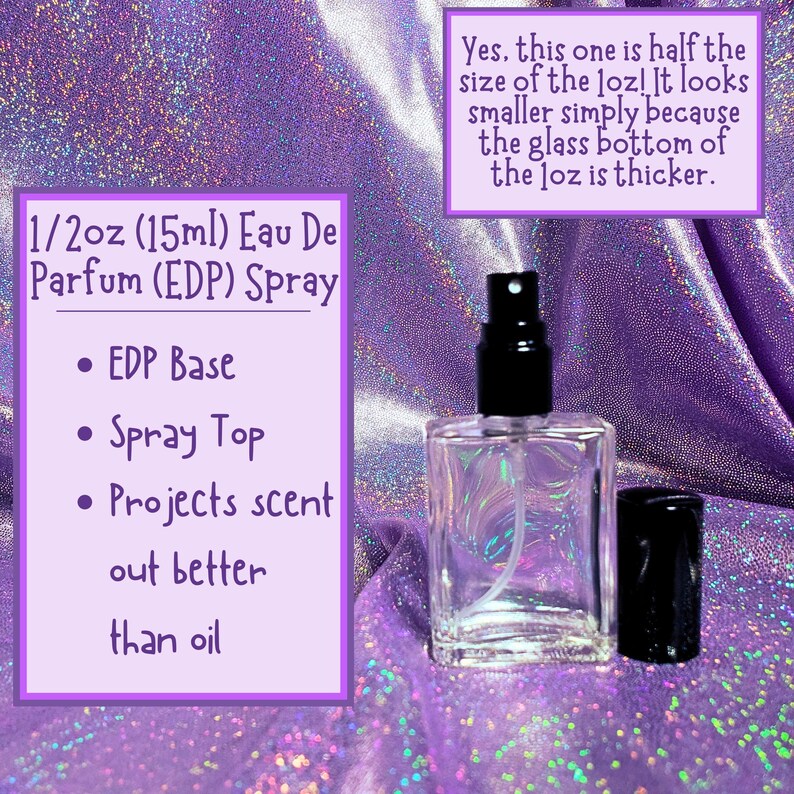 May include: A clear glass bottle with a black spray top and a black cap. The bottle is labeled "1/2oz (15ml) Eau De Parfum (EDP) Spray" and lists the features "EDP Base", "Spray Top", and "Projects scent out better than oil".