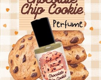 May include: A perfume bottle with a black cap and a label featuring chocolate chip cookies. The words "Chocolate Chip Cookie Perfume" are written above and on the label. The background includes cookies and a tiled pattern.