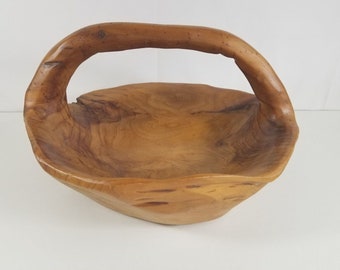 Large Hand Carved Wood Tree Burl Decorative Wooden Bowl Basket With Handle 15"