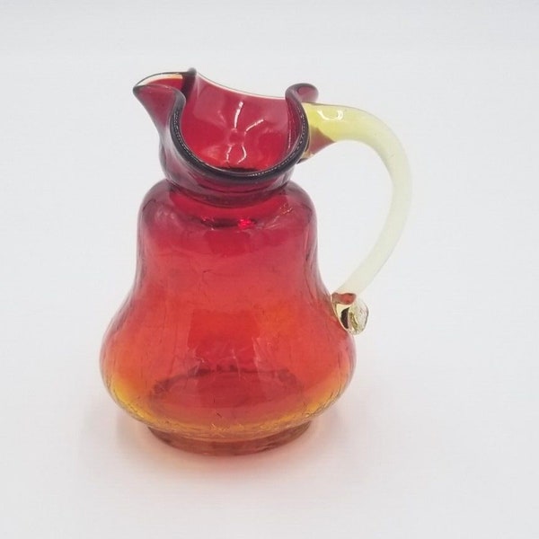 Vintage Blenko Amberina Tangerine Crackle Glass Pitcher Mid Century Hand Blown