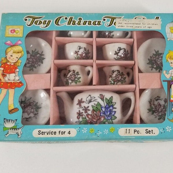 Antique Child's Ceramic Tea Set China Complete Toy Play Set 1950’s IN BOX