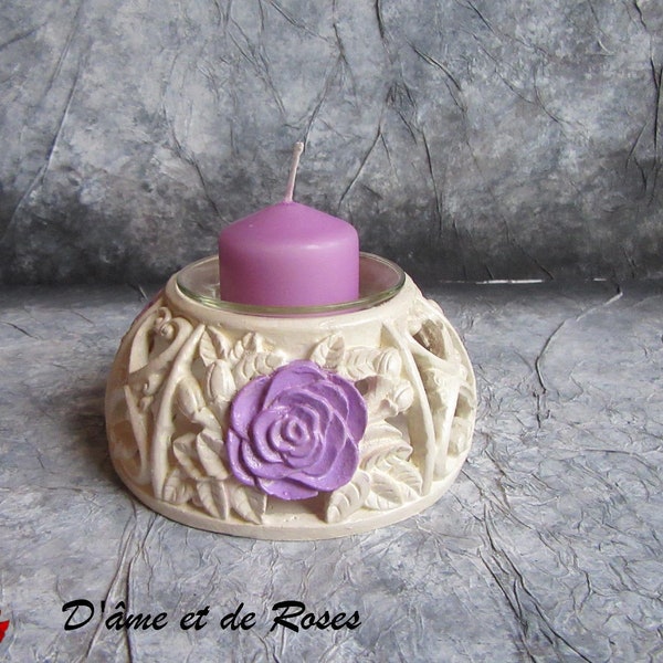 Bougeoir 1 couleur ivoire roses mauves et bougie mauve