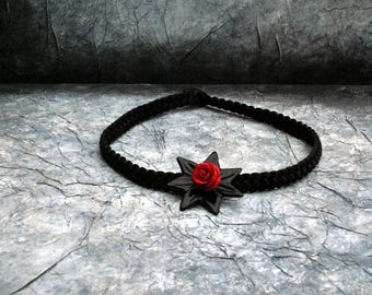 Collar 2 baroque black cord braided black star and red pink