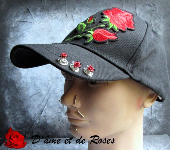 BLACK CAP 1 Embroidered With Red Roses - Etsy display picture 3