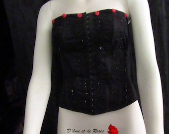 Fabric black corset beaded rocaillles black and red roses