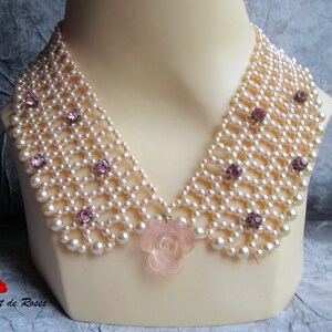 Necklace romantic 7 beads, rhinestones and pink rose