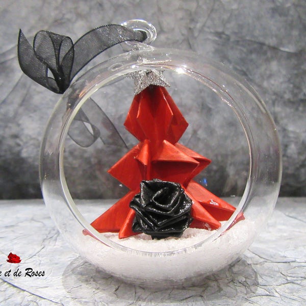 Boule en verre de Noël 1 sapin rouge, rose noire