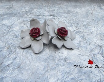 6 gray and plum roses brooch