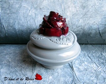 box 3 porcelain painted in gray and big plum roses