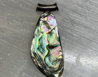 May include: Abalone shell plug with a silver-colored tunnel. The iridescent shell displays a range of colors, including green, blue, and purple. The plug is designed for stretched ear piercings and is set against a light gray background.