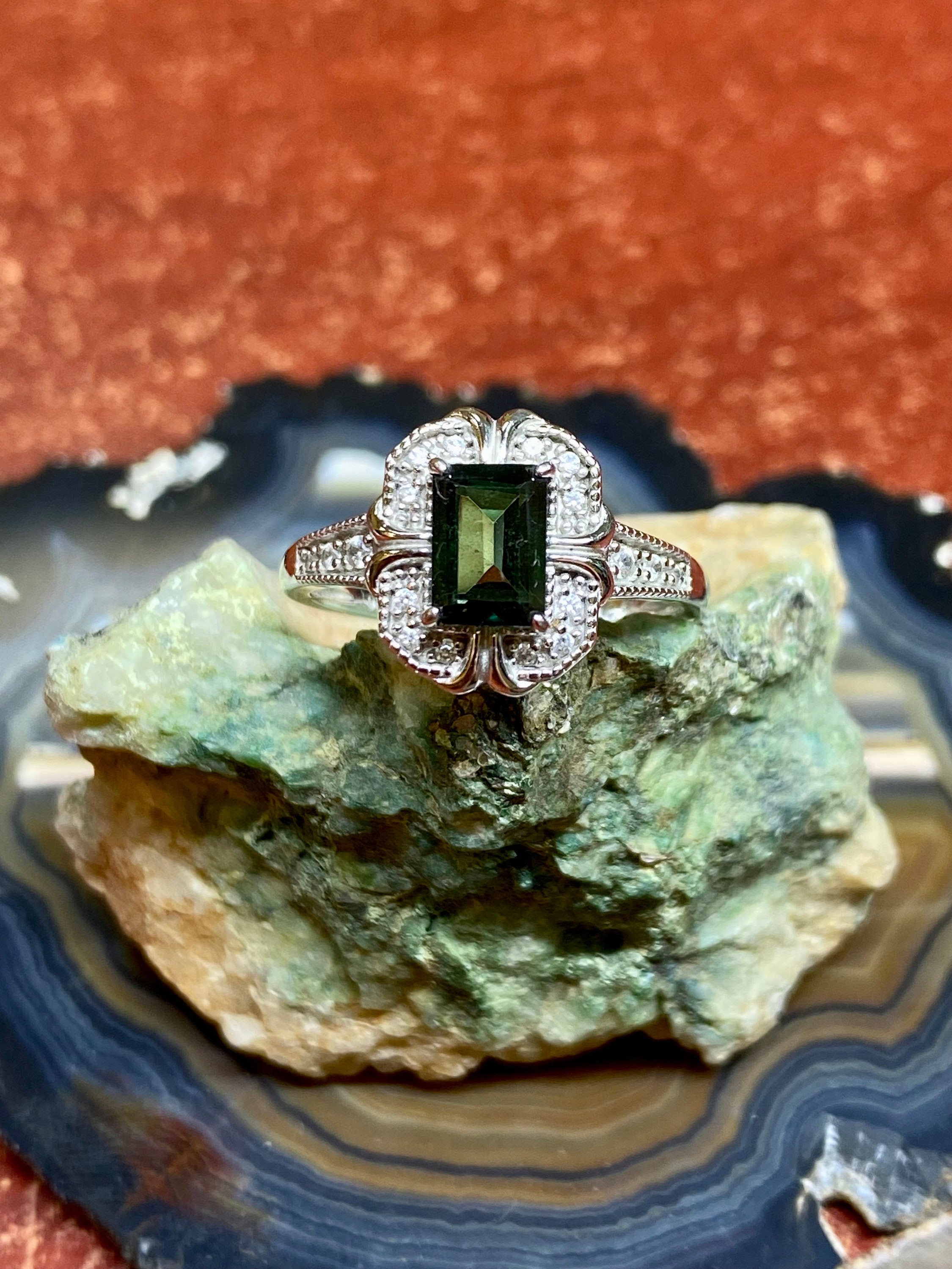 Deep green stone 925 ring with CZ accents