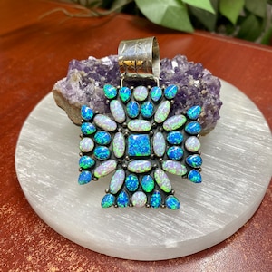 Lab Opal Navajo Cross 925 Silver Pendant