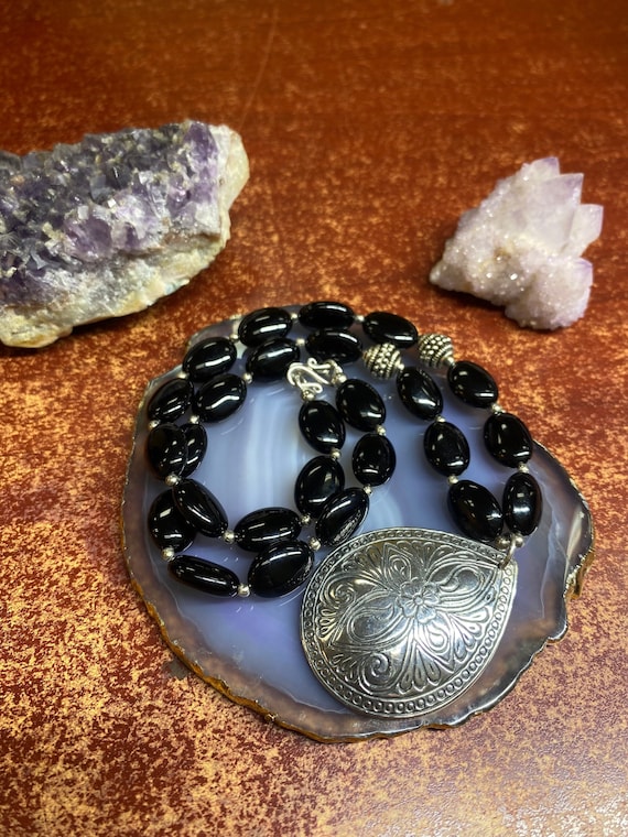 Black Onyx Stone of Strength 925 Silver Necklace.… - image 1