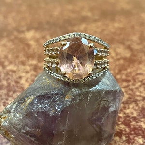 Pink Stone Rose Gold 925 Silver Ring with CZ Accents - Size 7