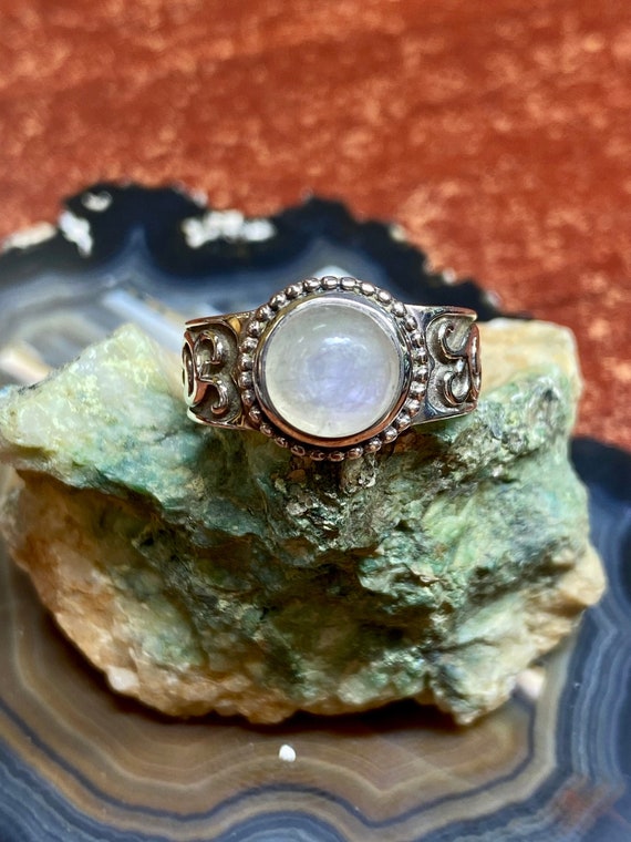 Moonstone Sterling Silver Ring, Rainbow Moonstone… - image 1