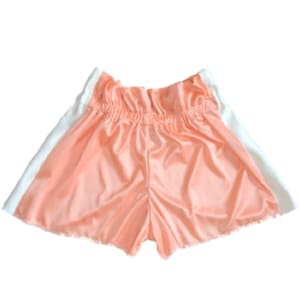 PEACH RUFFLE SHORTS/paper bag shorts/high waisted shorts/ lounge shorts/cream satin shorts/ pj shorts/knit shorts/elastic shorts