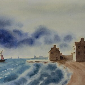 Original watercolor: sea storm